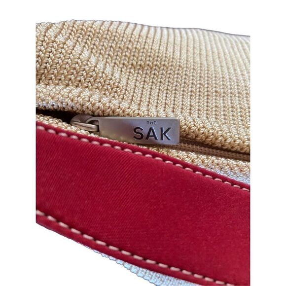 The sak crochet bag with red leather adjustable, trim shoulder bag, 8 x 12 - Picture 3 of 6